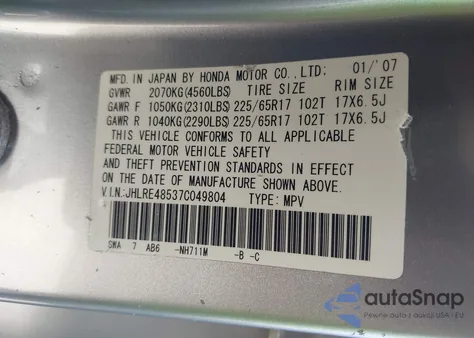 2007 Honda Cr-V Ex из США, поврежденный, VIN JHLRE48537C049804